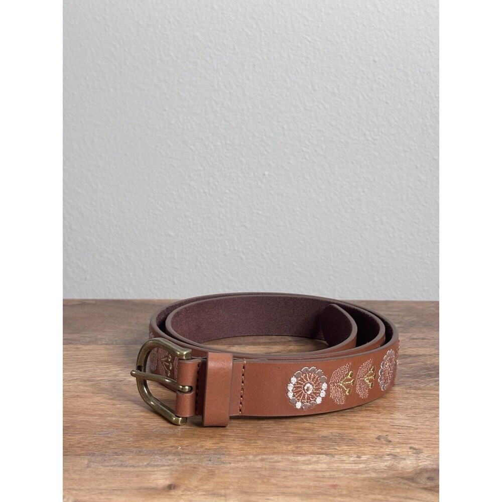 Lucky Brand Women’s Size L Golden Floral Embroidered 100% Leather Brown Belt
